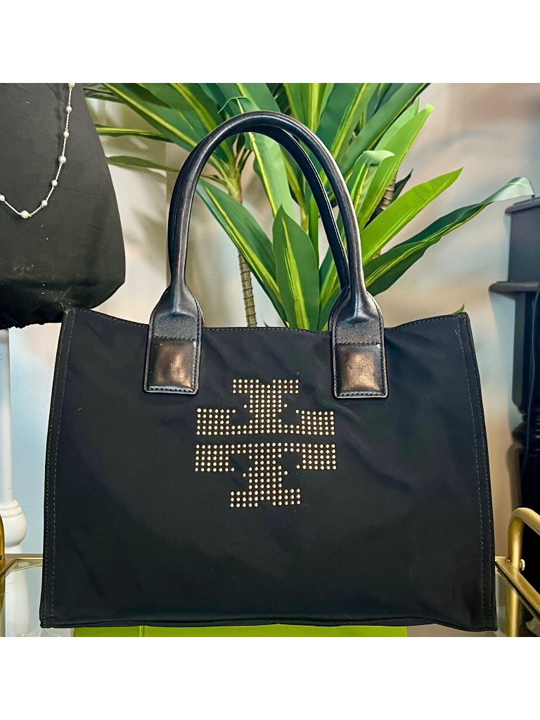 ***Tory Burch Black Nylon Tote Bag With Leather Handles & Studded Logo